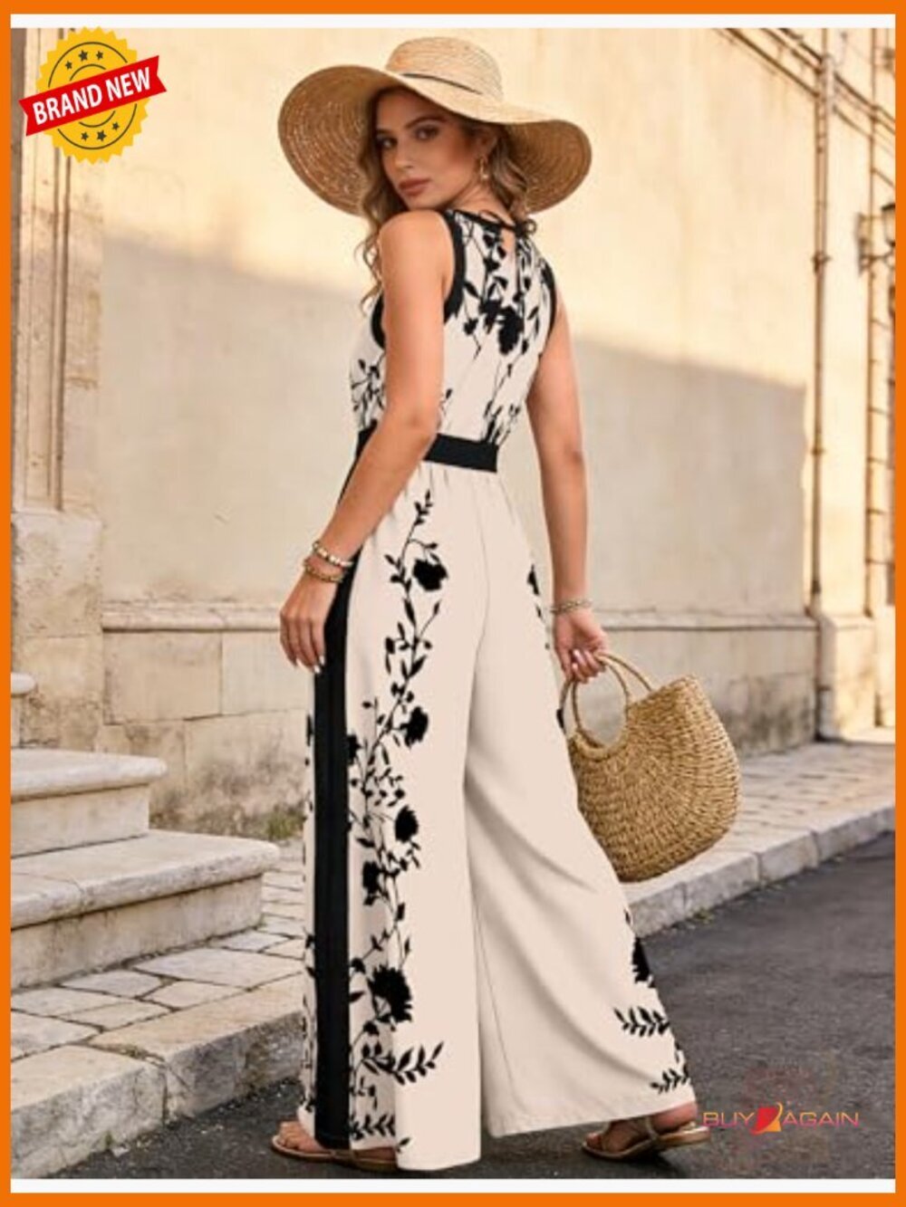 Casual Sleeveless Floral Jumpsuit with Pockets Wide Leg Romper - Picture 3 of 7